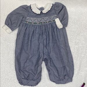 Vintage houndstooth smocked heart navy White Gingham Baby Romper bubble 3-6m